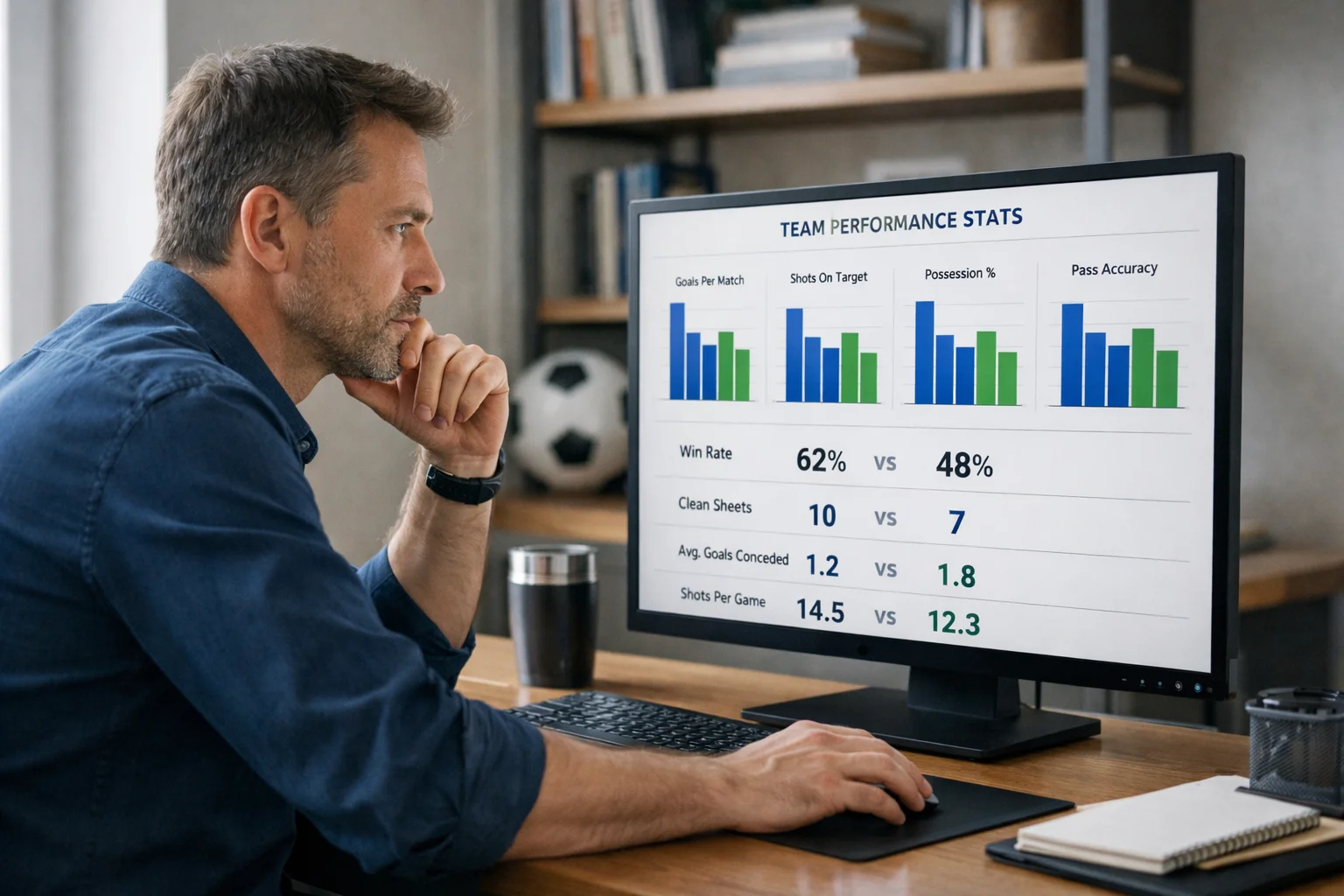 Sports analyst studying football performance data and statistics on computer screen