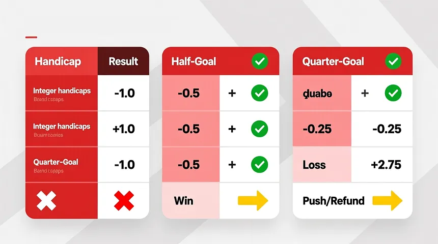 Asian handicap betting mechanics infographic showing whole, half, and quarter goal handicaps