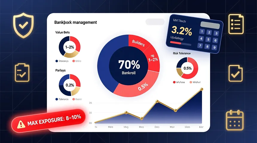 Professional bankroll management dashboard showing bet builder stake allocation and risk management strategies