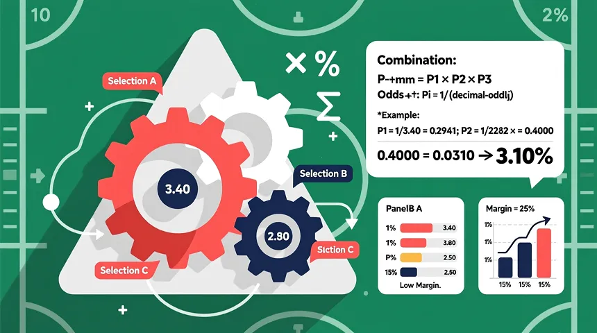 Bet builder mechanics infographic showing probability calculations and value analysis with mathematical formulas