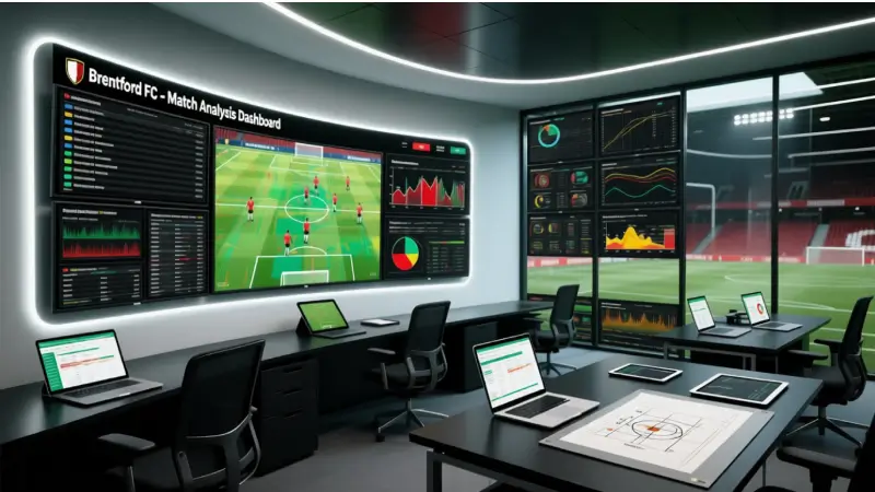 Brentford's modern data analysis facility with multiple screens displaying match statistics and player metrics