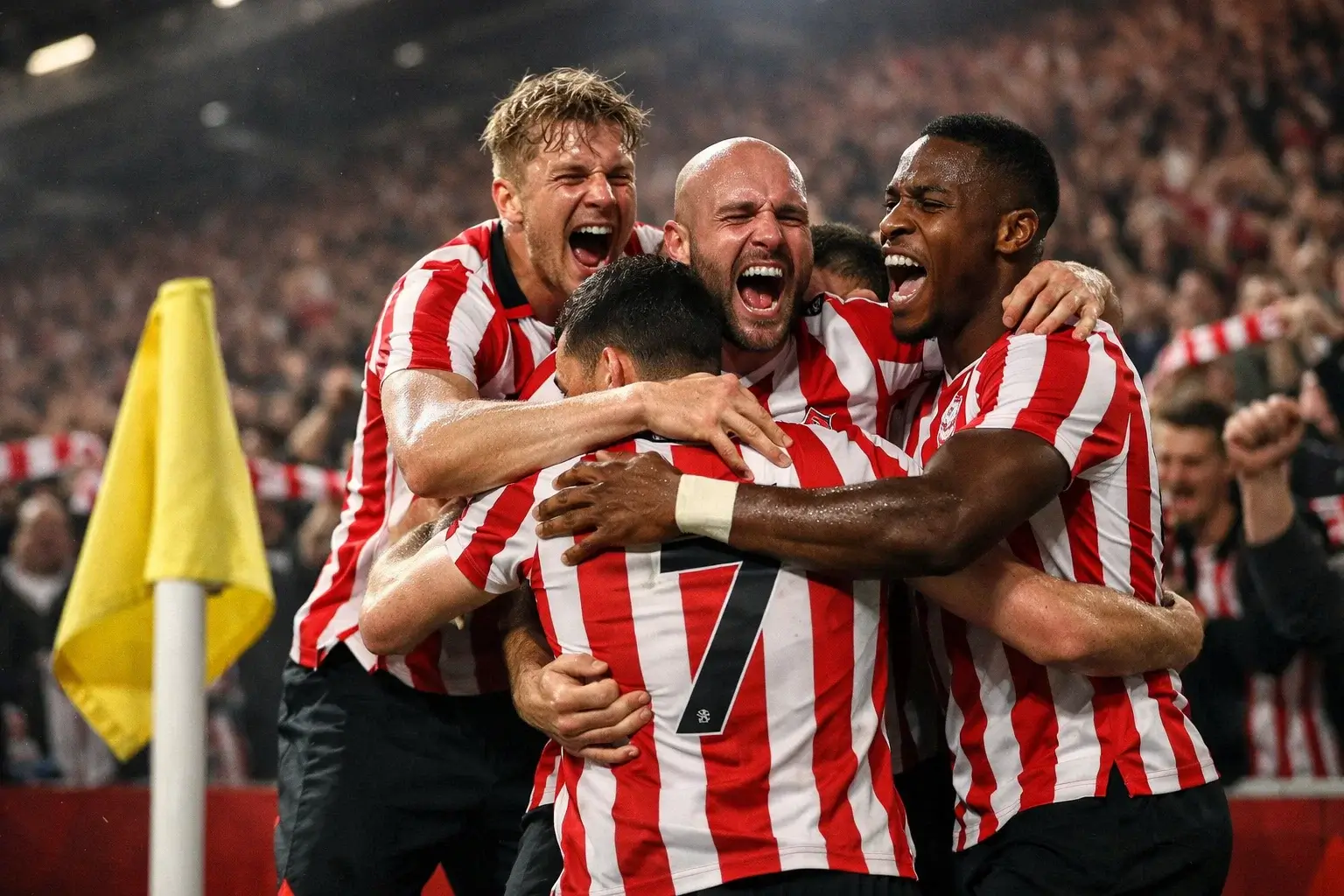 Brentford players celebrating a goal at home with jubilant fans in background