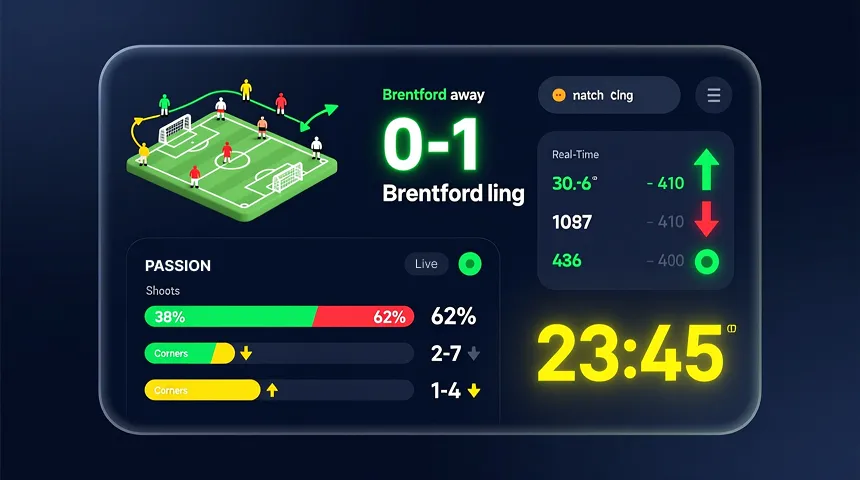 Live betting dashboard interface showing real-time Brentford away match statistics and changing odds