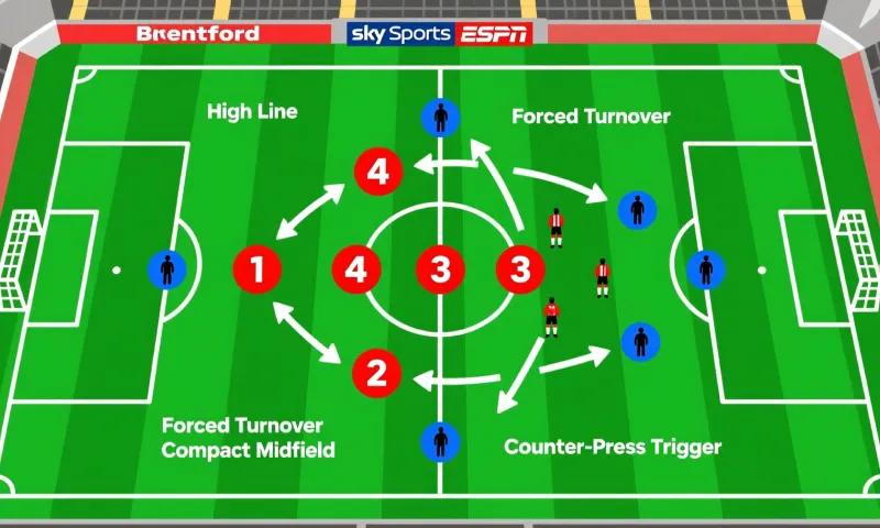Tactical diagram showing Brentford FC aggressive high-pressing formation and player movements at Gtech Community Stadium home matches
