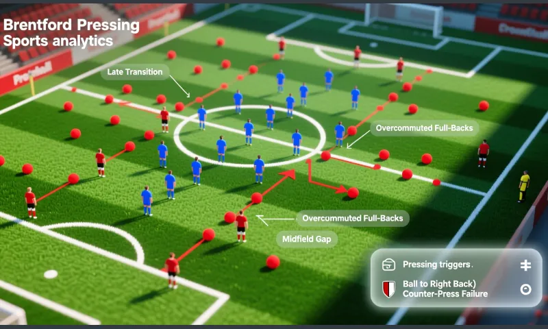 Tactical football diagram showing Brentford pressing system breakdown and defensive gaps in away matches