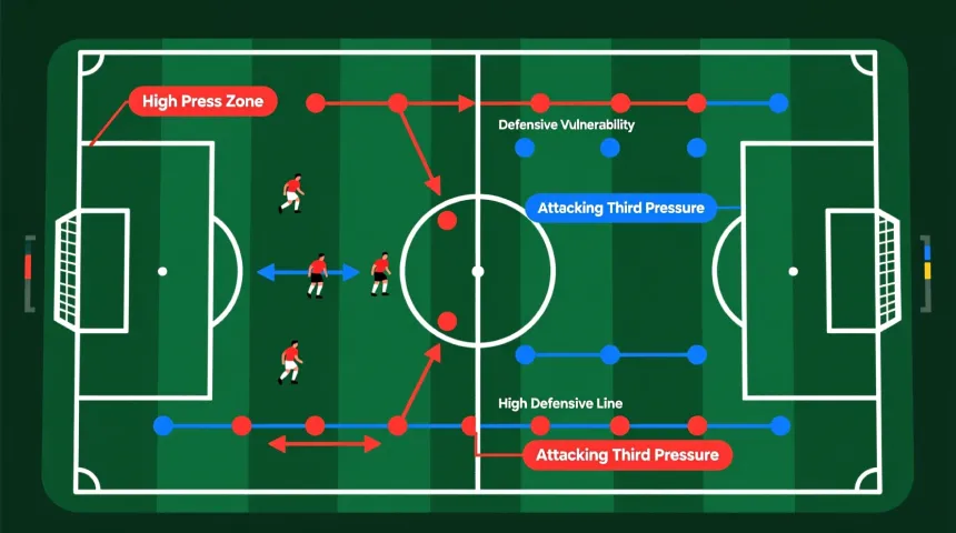 Tactical football diagram showing Brentford high pressing system with player positions and attacking movement patterns
