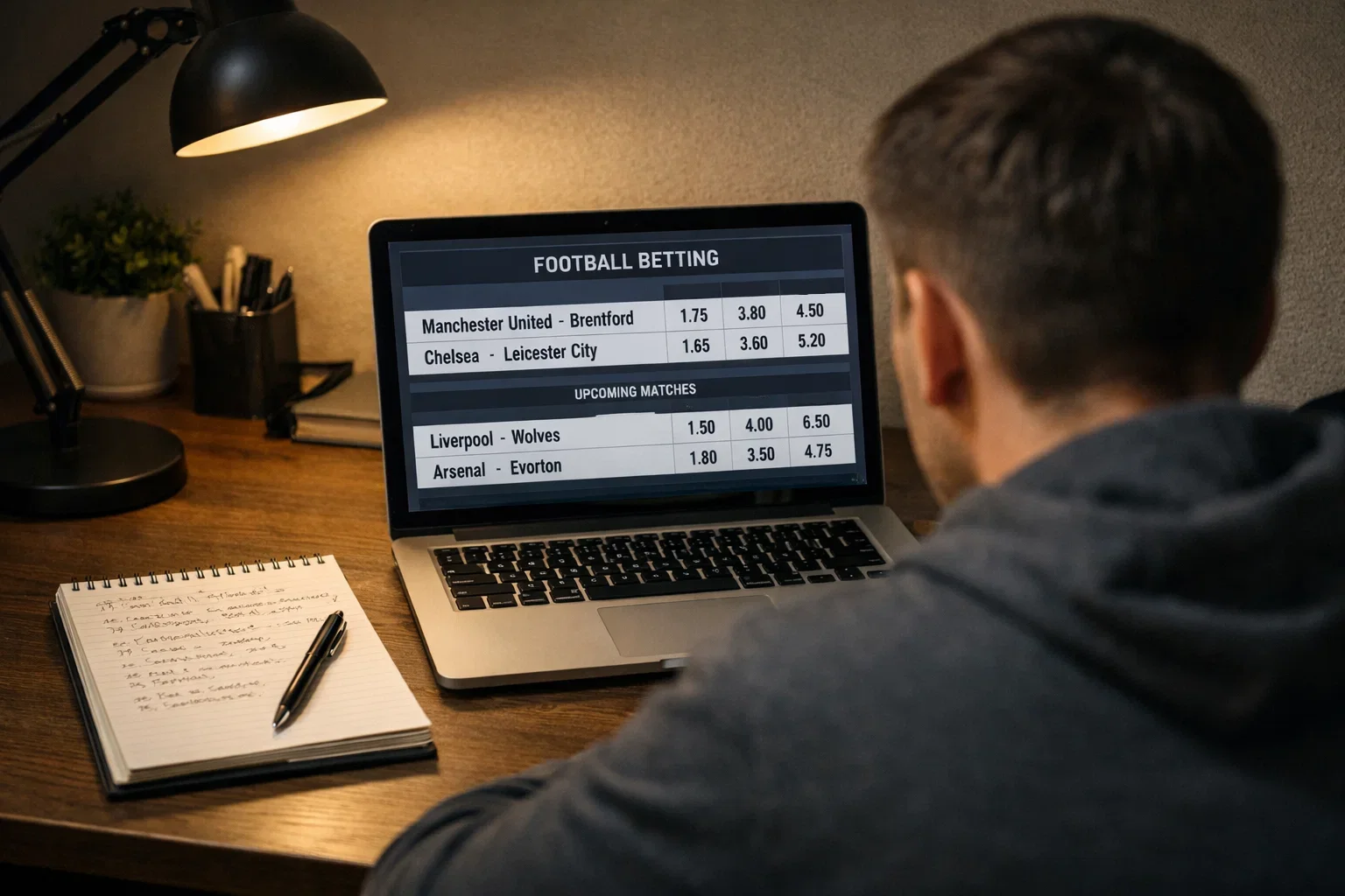 Person analyzing football betting data on a laptop with notepad
