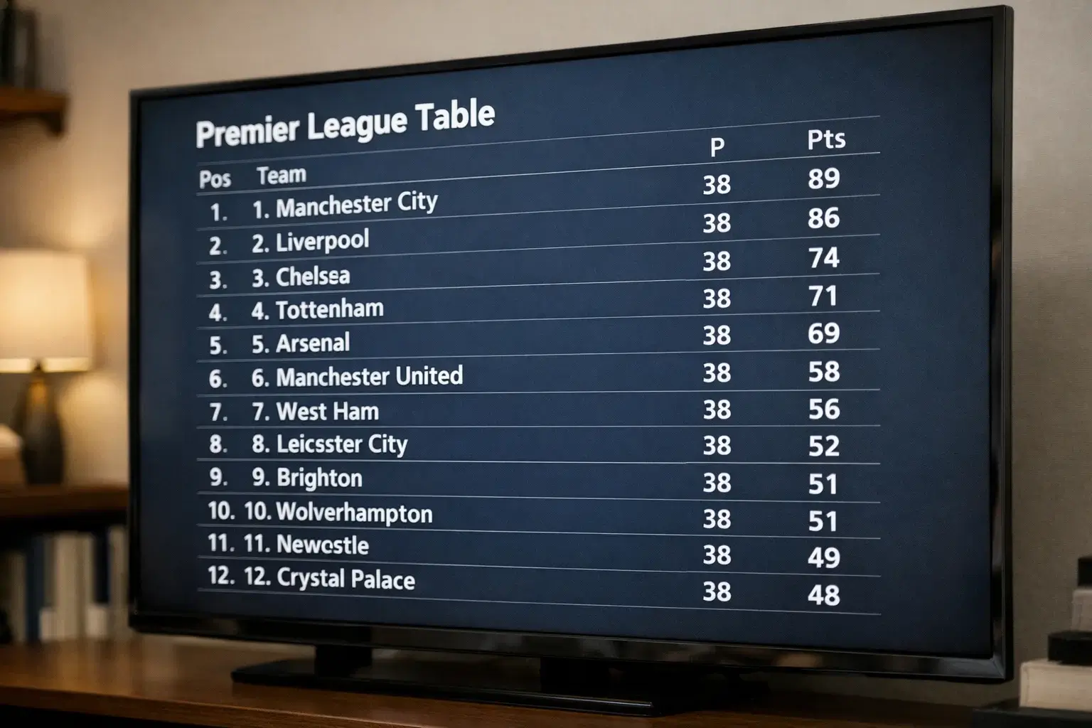 Premier League table displayed on screen showing team standings and points