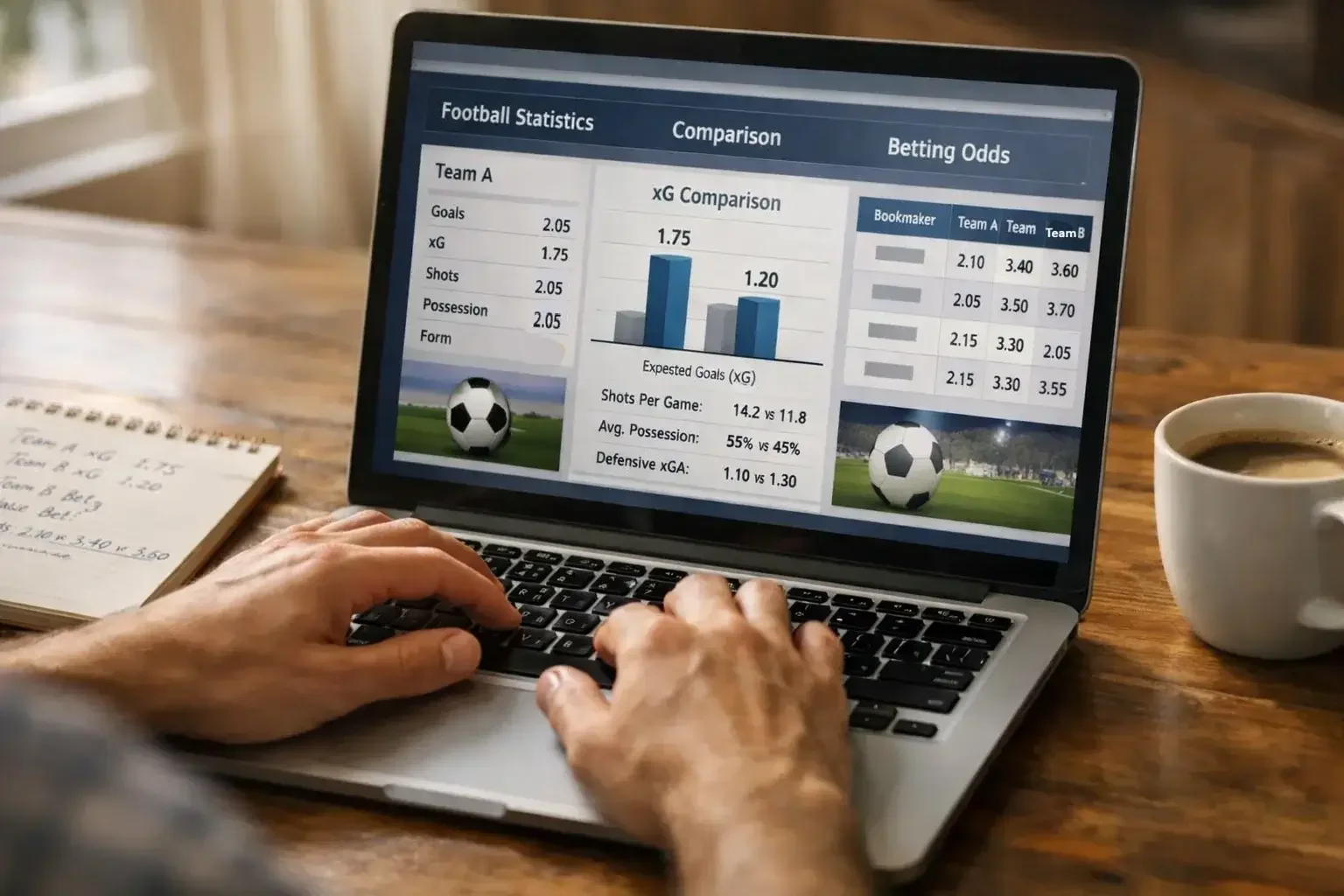 Person comparing football statistics and betting odds on laptop