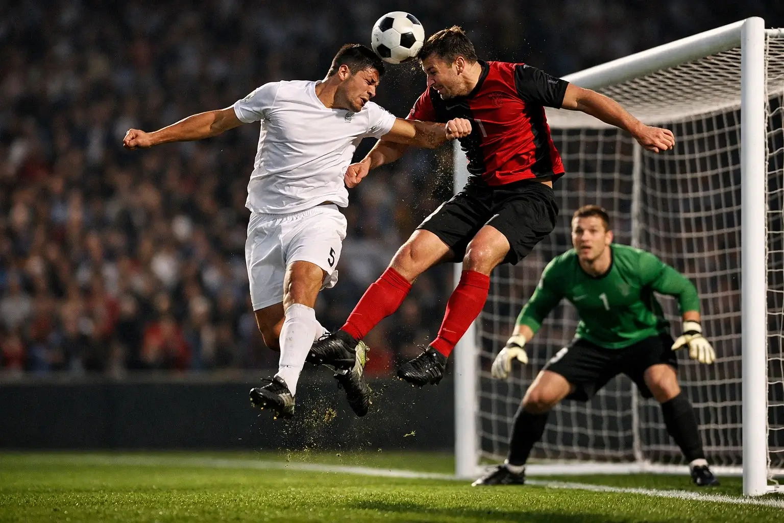 Football players jumping to head the ball during a corner kick