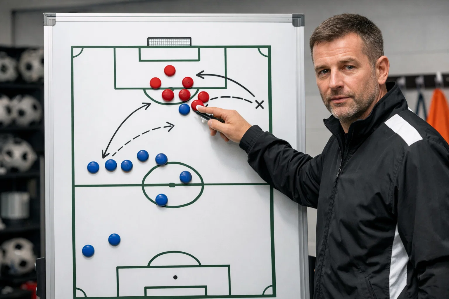 Football coach explaining tactics on a whiteboard with set-piece diagrams