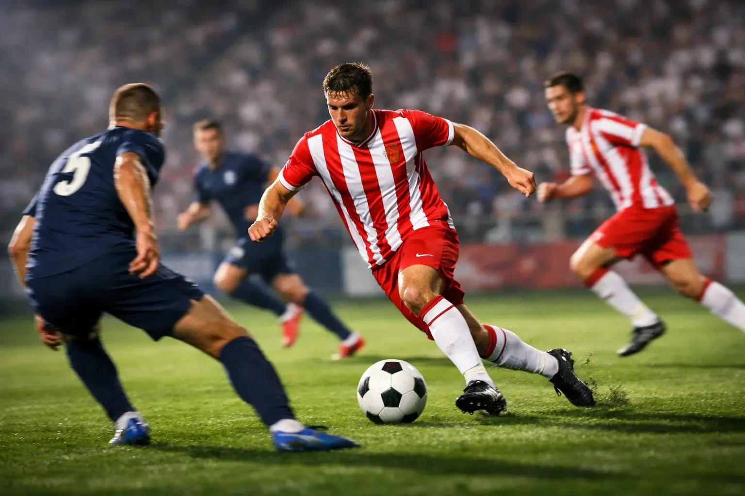 Intense football action during the first half of a Premier League match