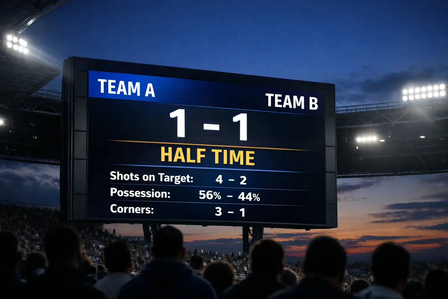 Football stadium scoreboard showing halftime score
