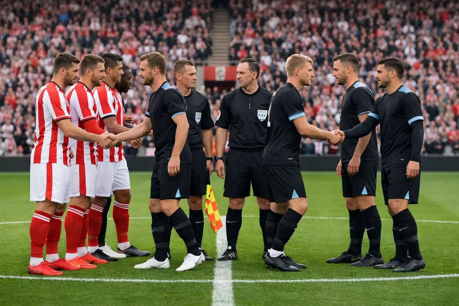 Football teams shaking hands before a Premier League match