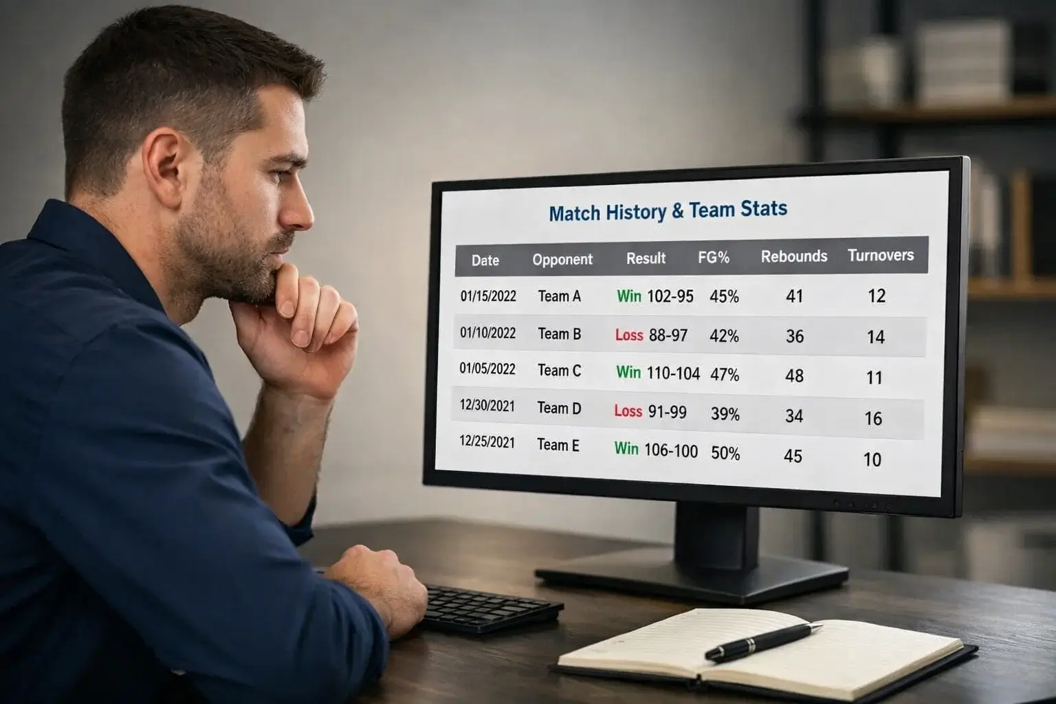 Sports analyst reviewing historical match data on computer screens