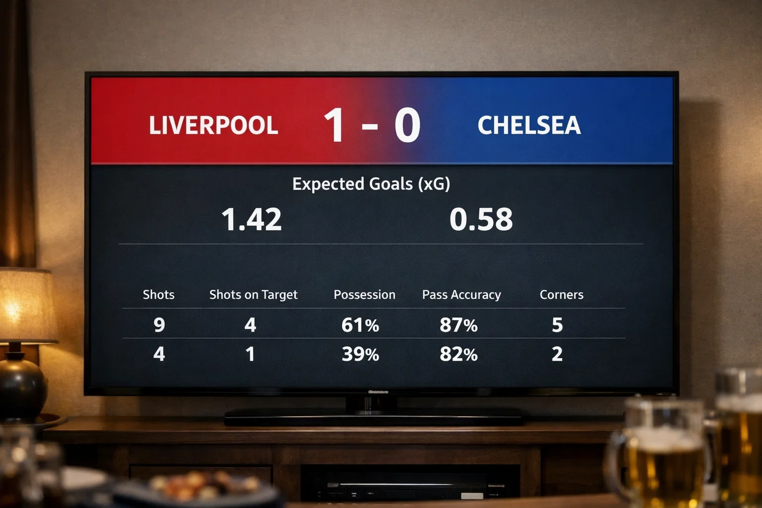 Television screen showing live football match statistics and expected goals data