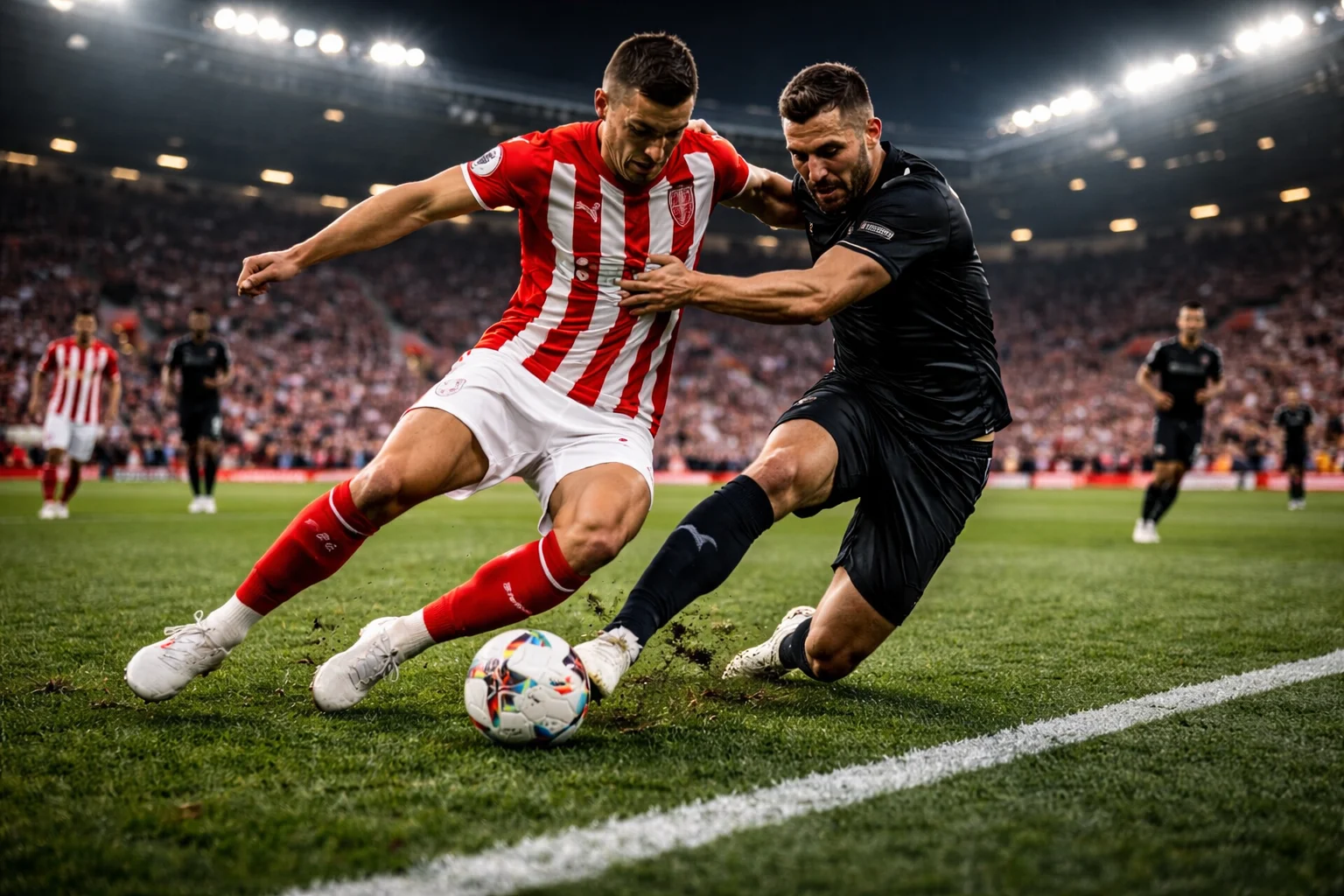 Intense moment during live Premier League football match with players competing for ball
