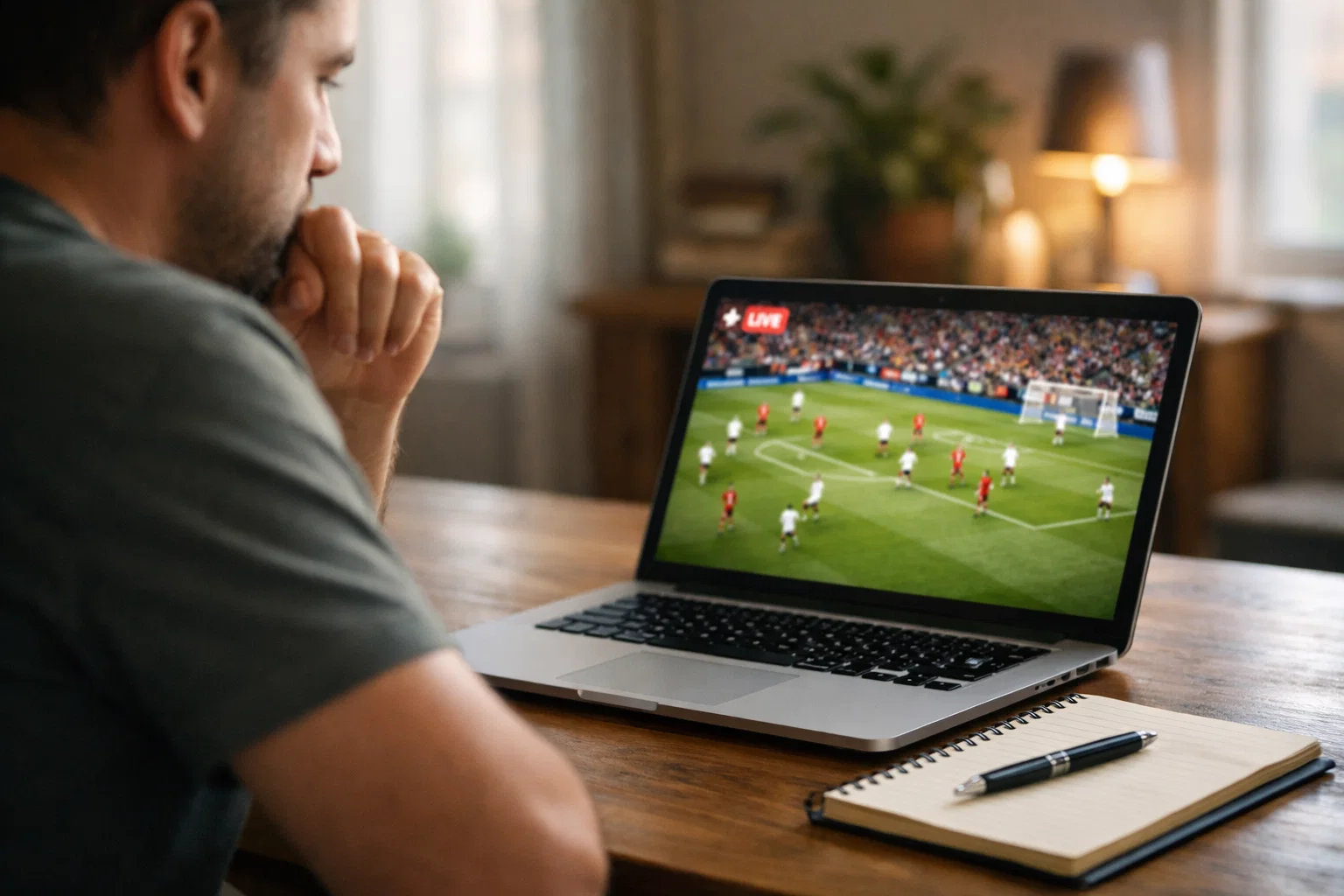 Person watching live football match on laptop screen in home setting