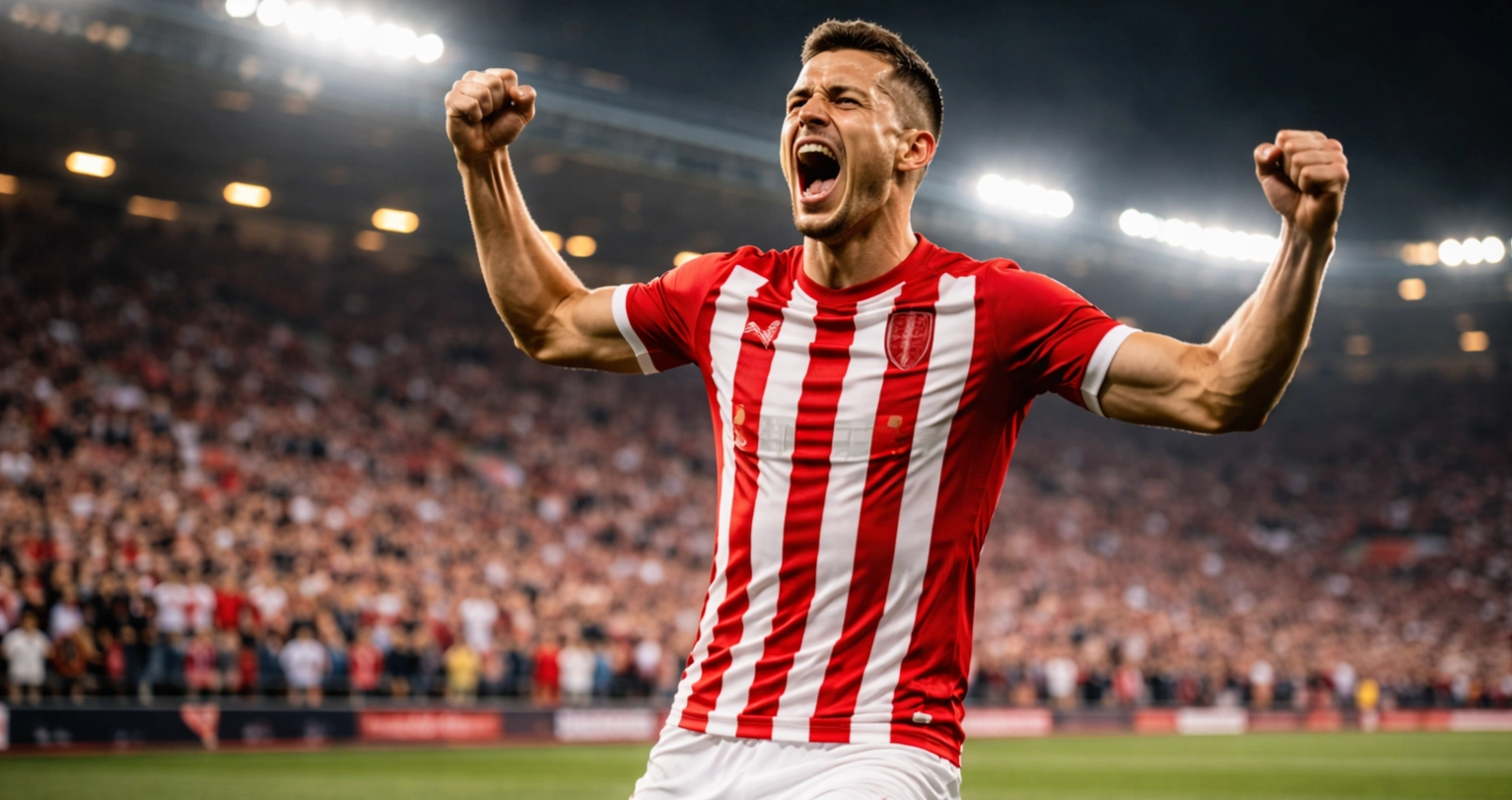 Brentford striker celebrating goal with arms raised at Gtech Community Stadium