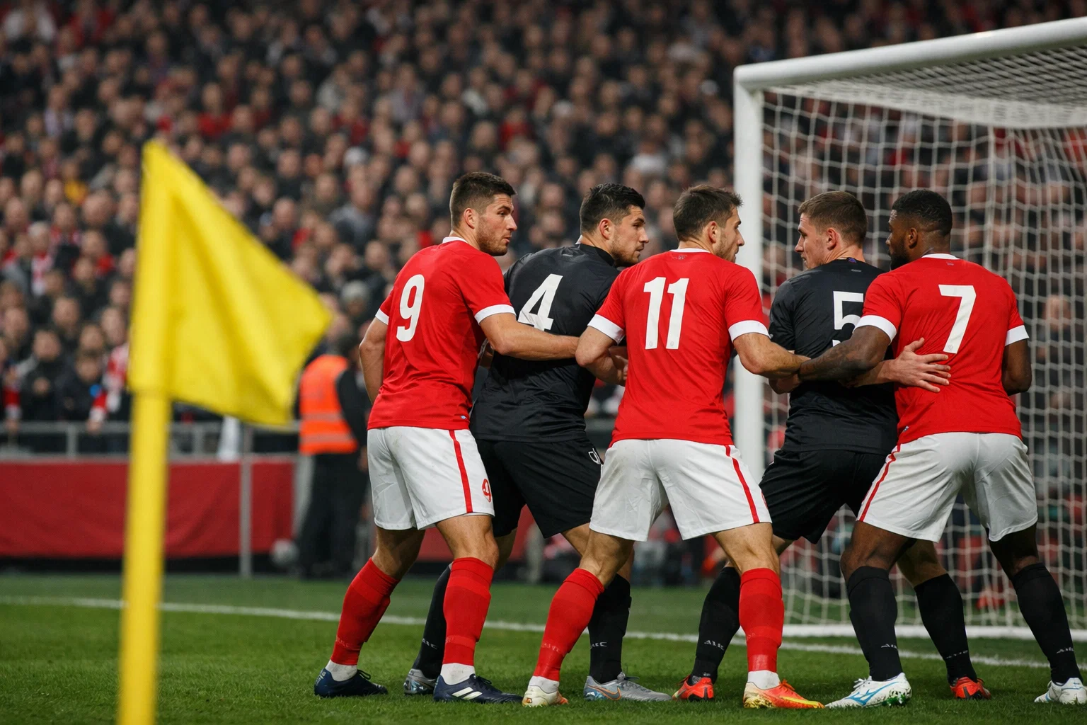 Football players positioning themselves in the box before a corner kick