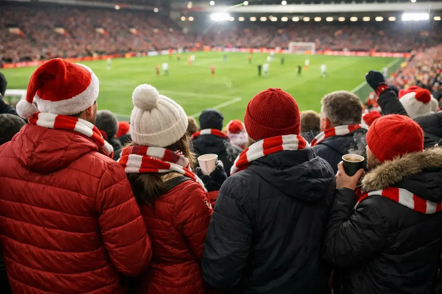 Football supporters in stadium wearing winter clothing and scarves during festive period match