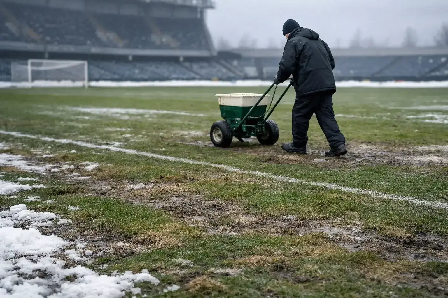 Football pitch showing winter grass conditions with groundskeeper maintaining the surface
