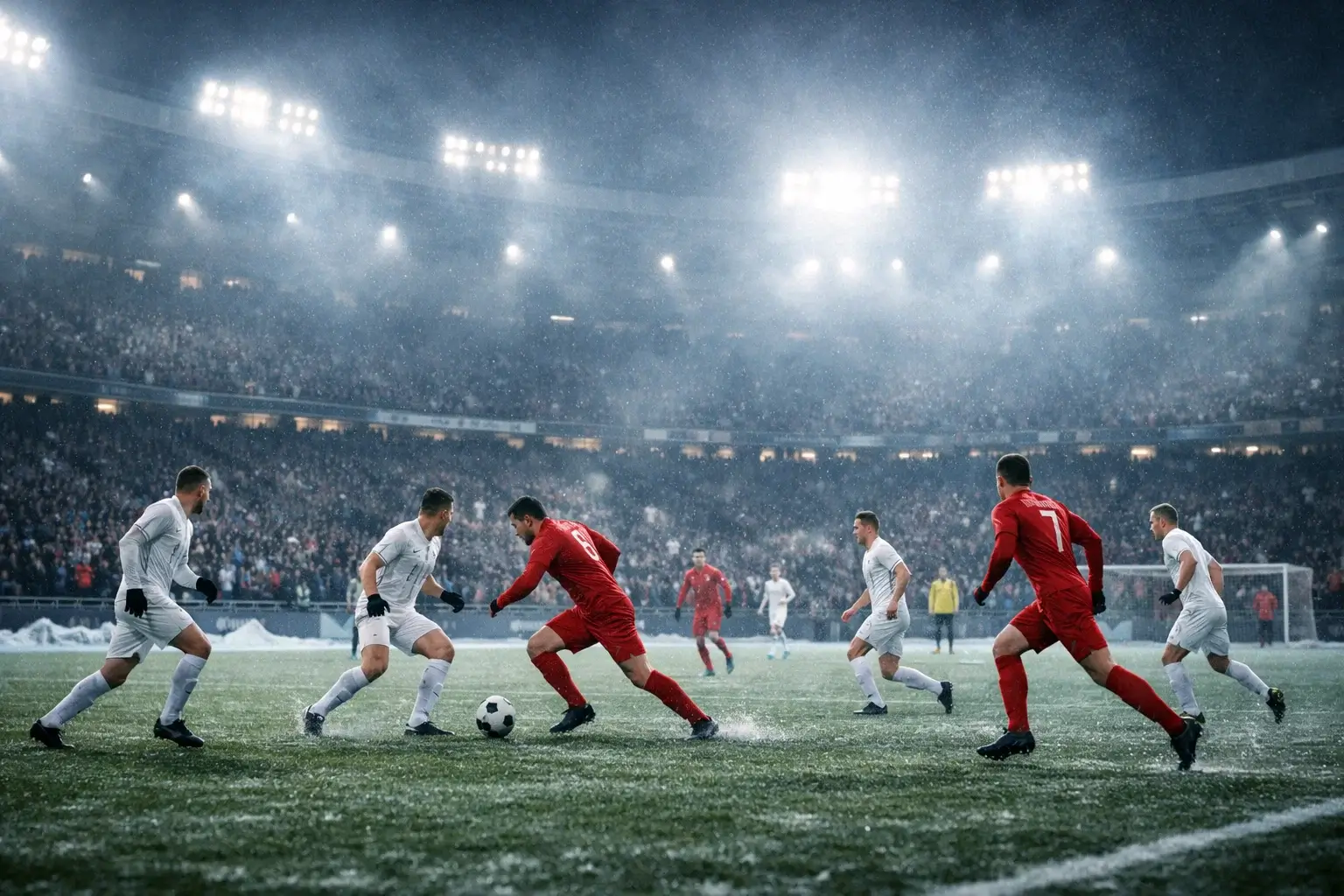 Football stadium under floodlights during winter evening match with frost visible on pitch