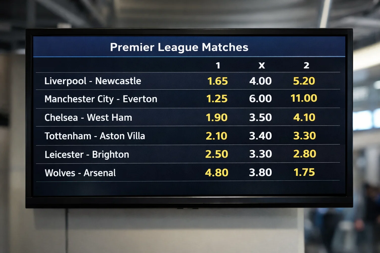 Digital display board showing football betting odds for multiple matches