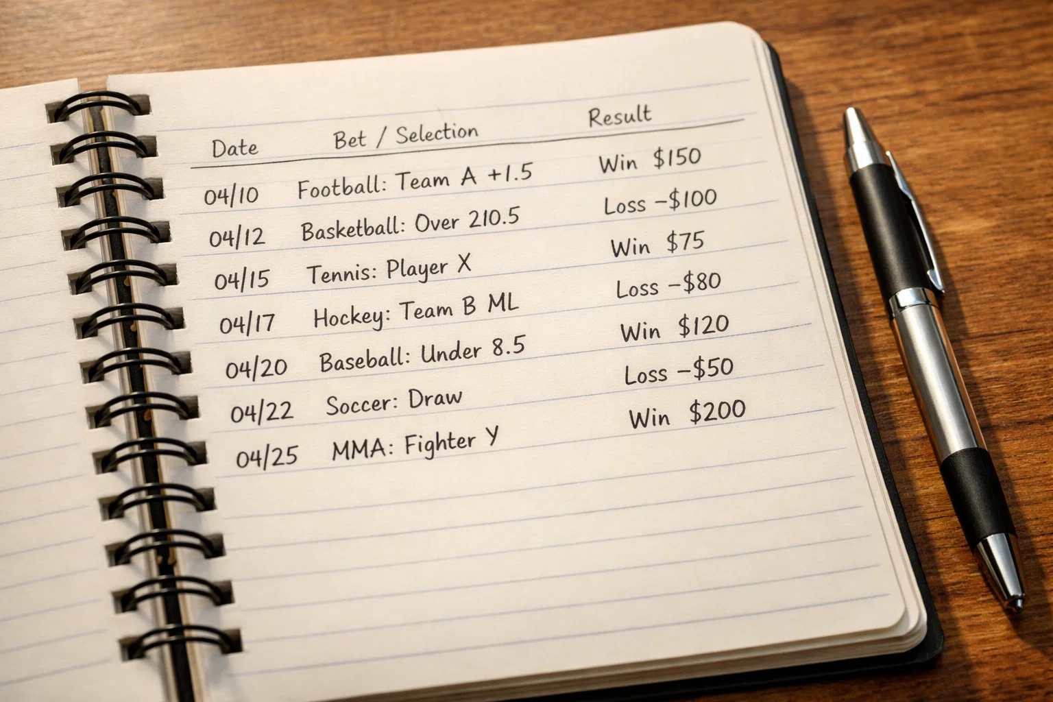 Open notebook showing handwritten sports betting performance records and notes
