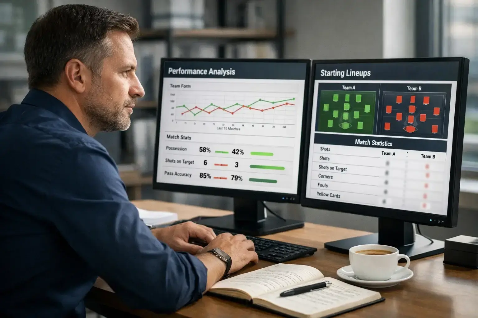 Sports analyst reviewing football match data on multiple screens