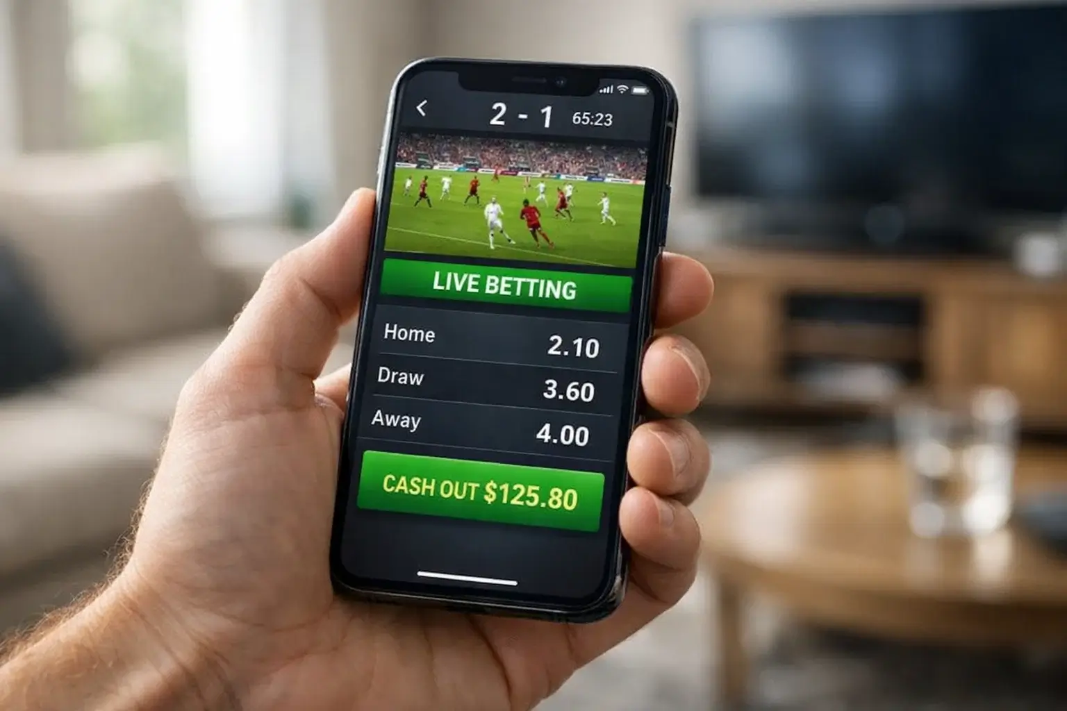 Smartphone displaying live football betting app with match in progress