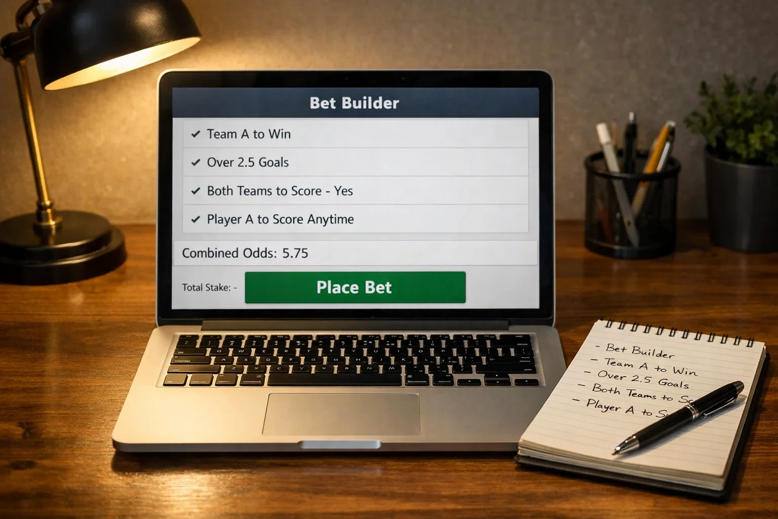 Laptop screen showing completed bet builder with multiple selections