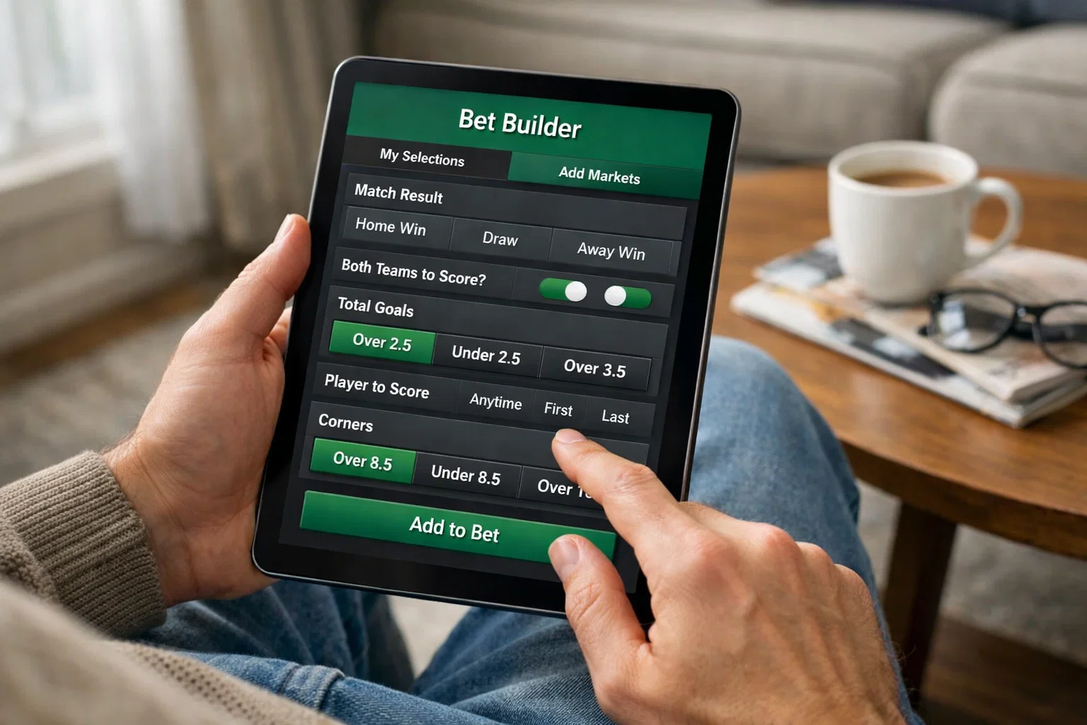 Person selecting multiple betting options on a tablet device