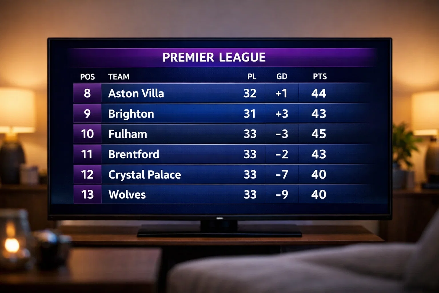 Football league table showing mid-table team standings and statistics