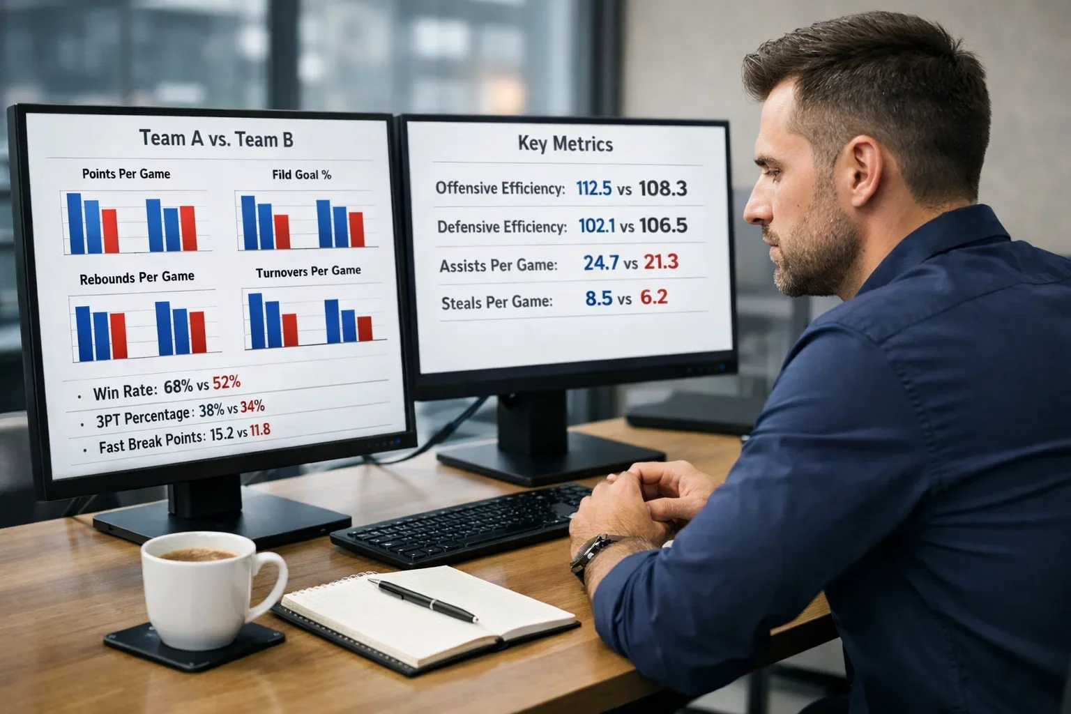 Sports analyst comparing team performance data on computer screens