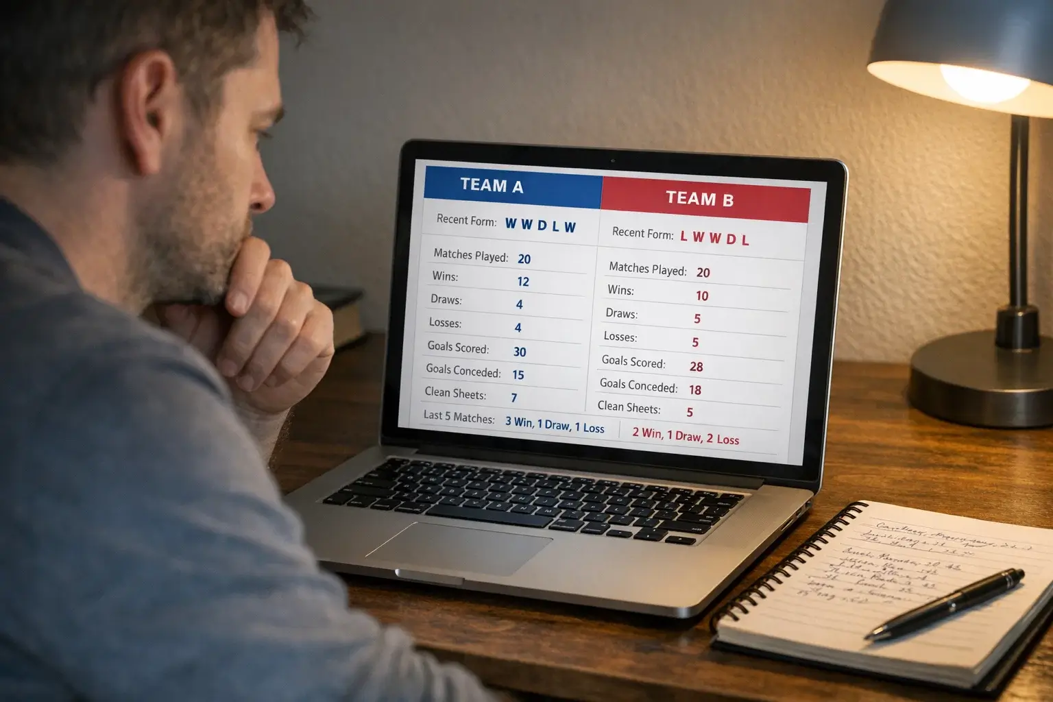 Person studying football match statistics and form data on laptop