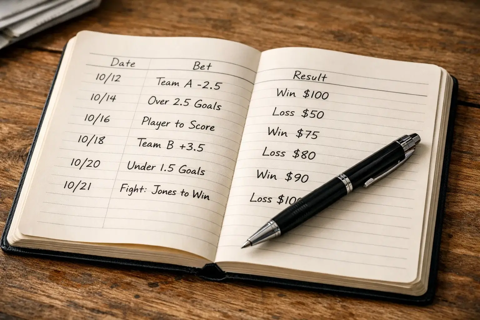 Notebook with handwritten betting records and performance tracking