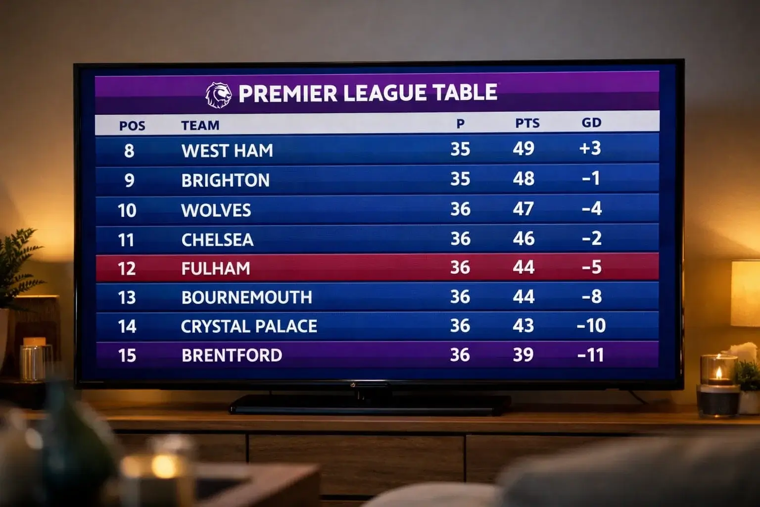 Football league table displayed on screen showing team positions