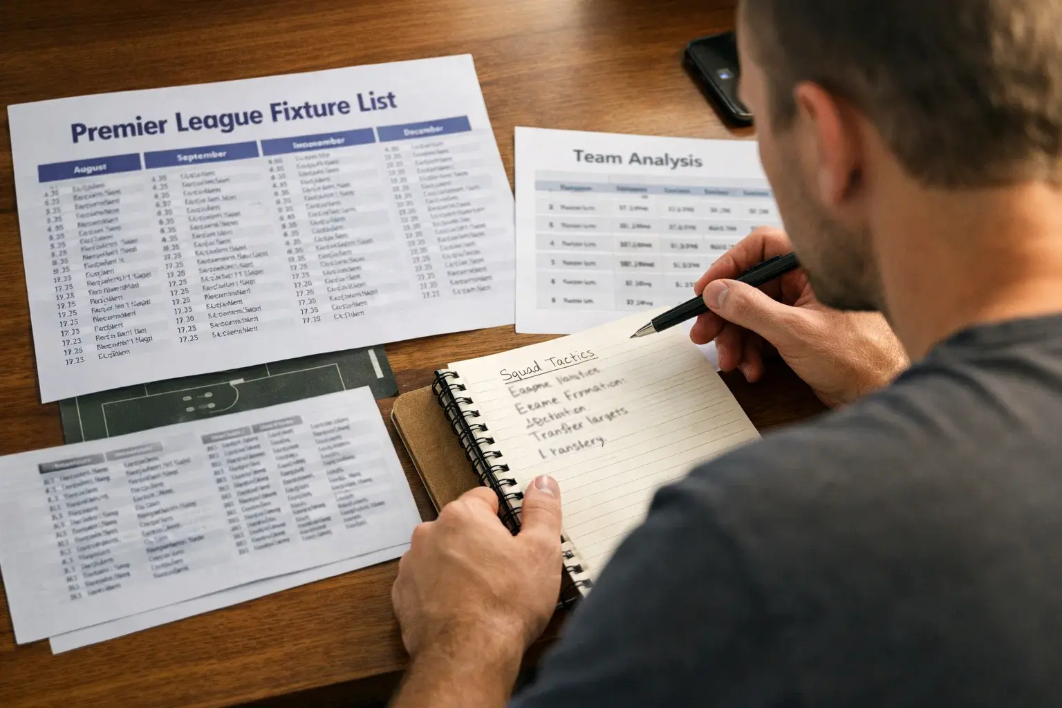 Person planning football season predictions with notepad and fixtures list