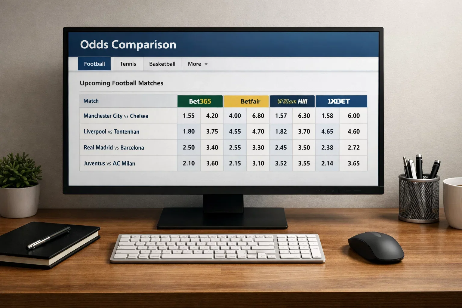 Computer screen showing betting odds comparison across multiple bookmakers