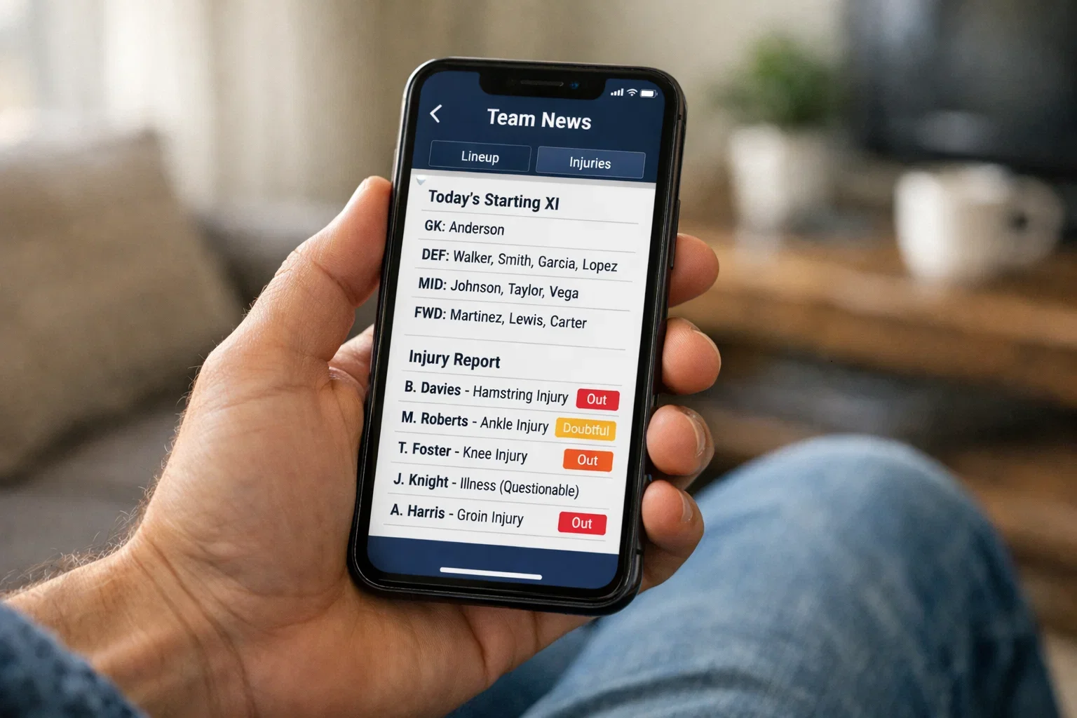 Person checking football team news and injury updates on smartphone