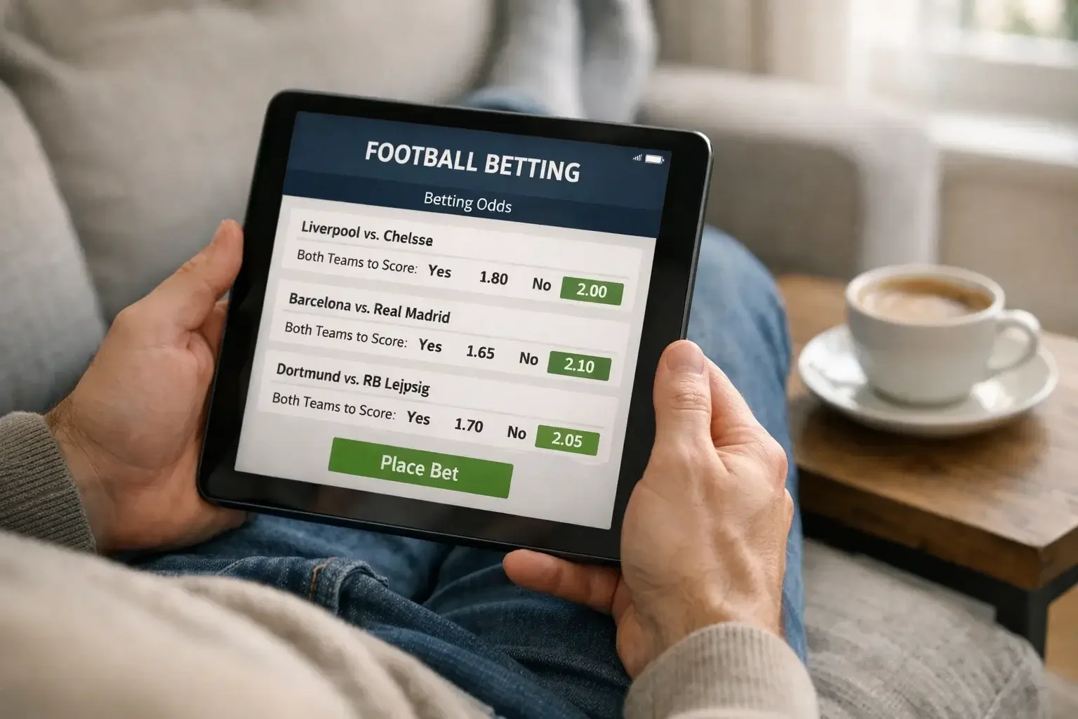 Person studying football betting options on a tablet device