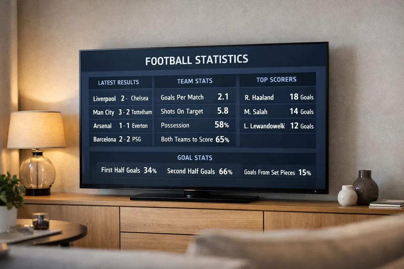 Football match statistics displayed on a screen showing goals scored data