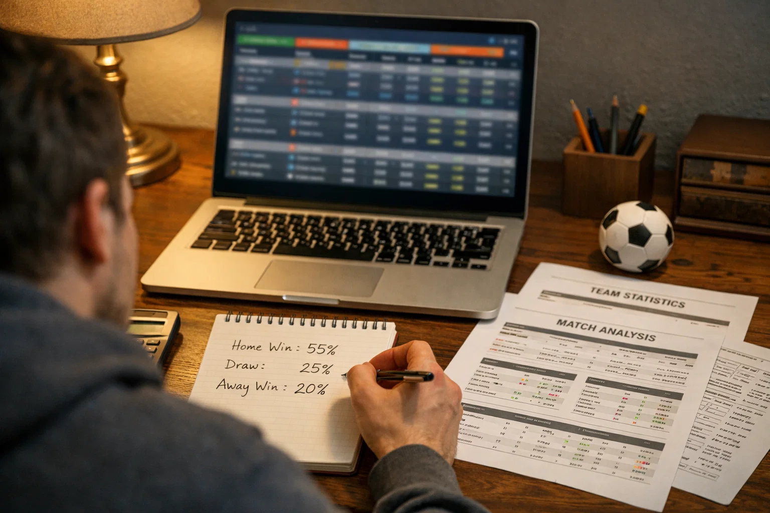 Person working through systematic football betting analysis process