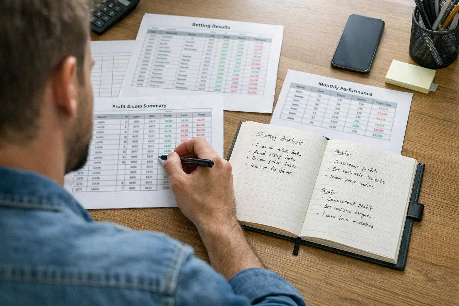 Person reviewing betting records and performance tracking documents