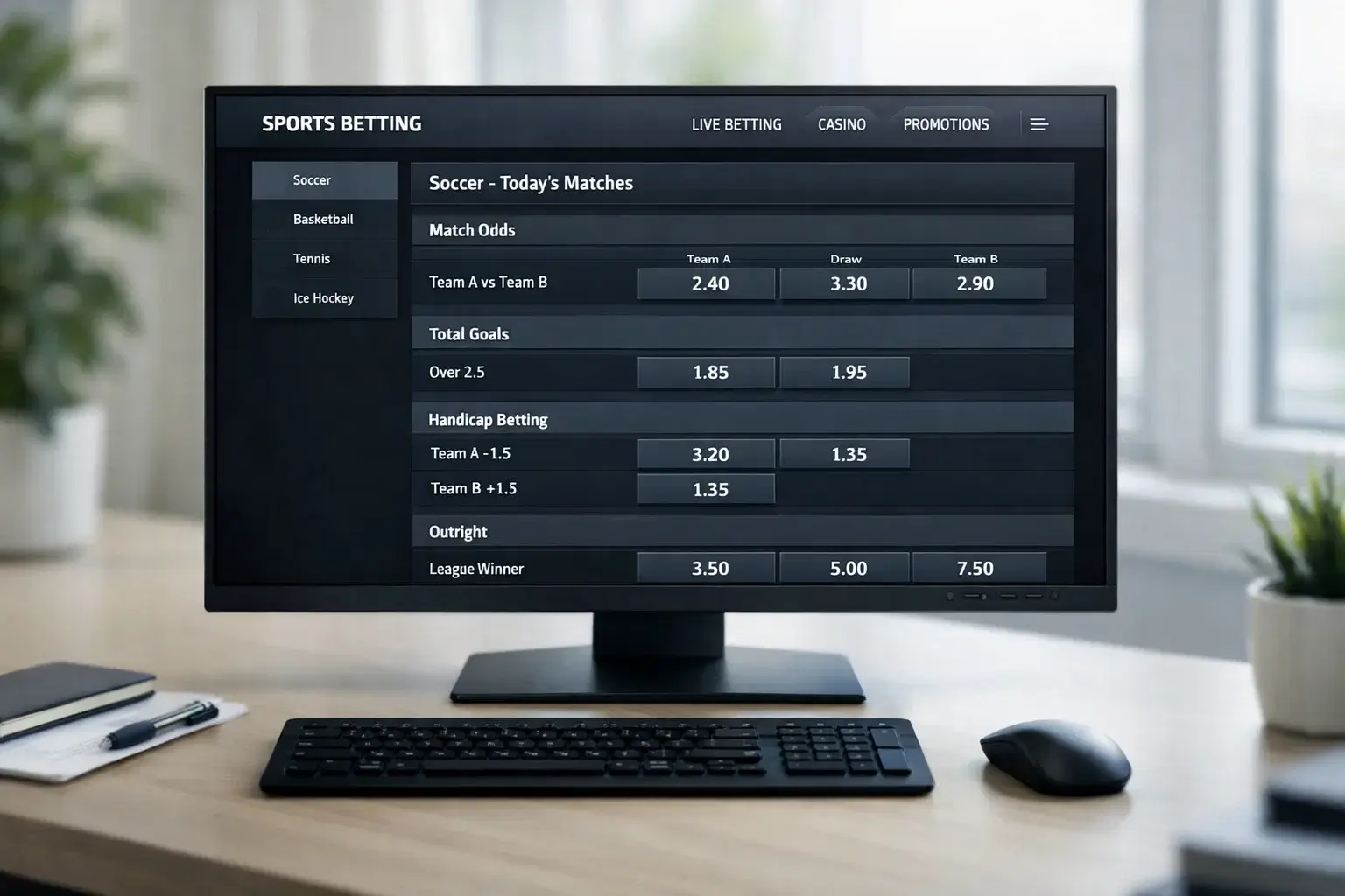 Sports betting odds displayed on a computer screen showing different market options