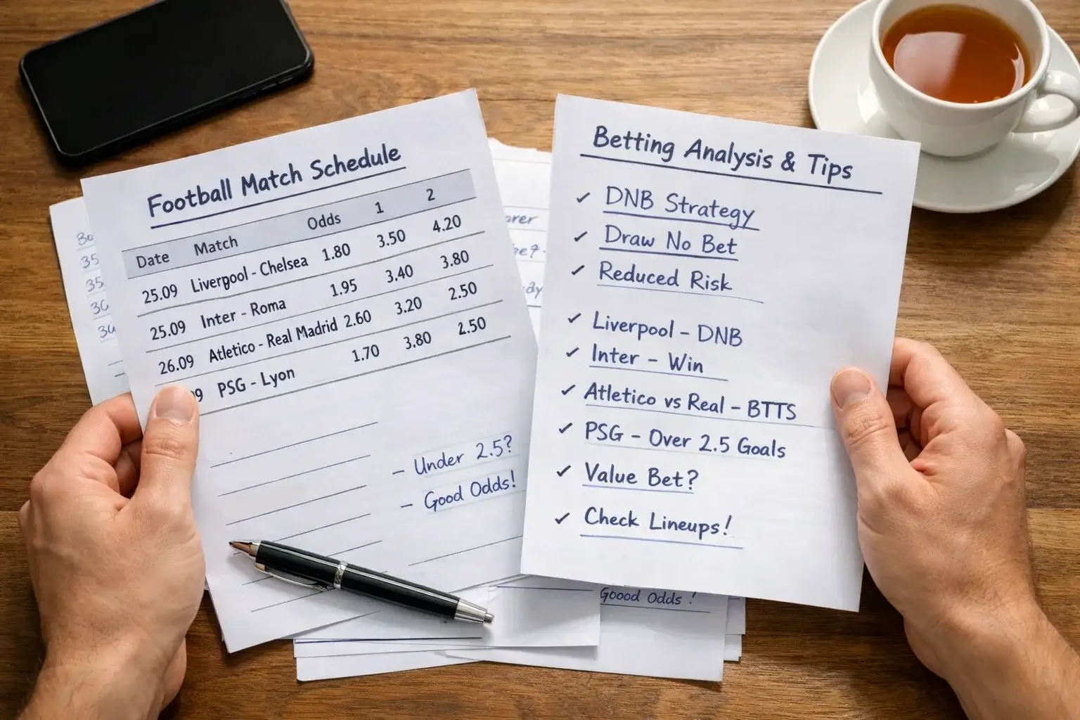 Person reviewing football match schedules and betting options on paper documents