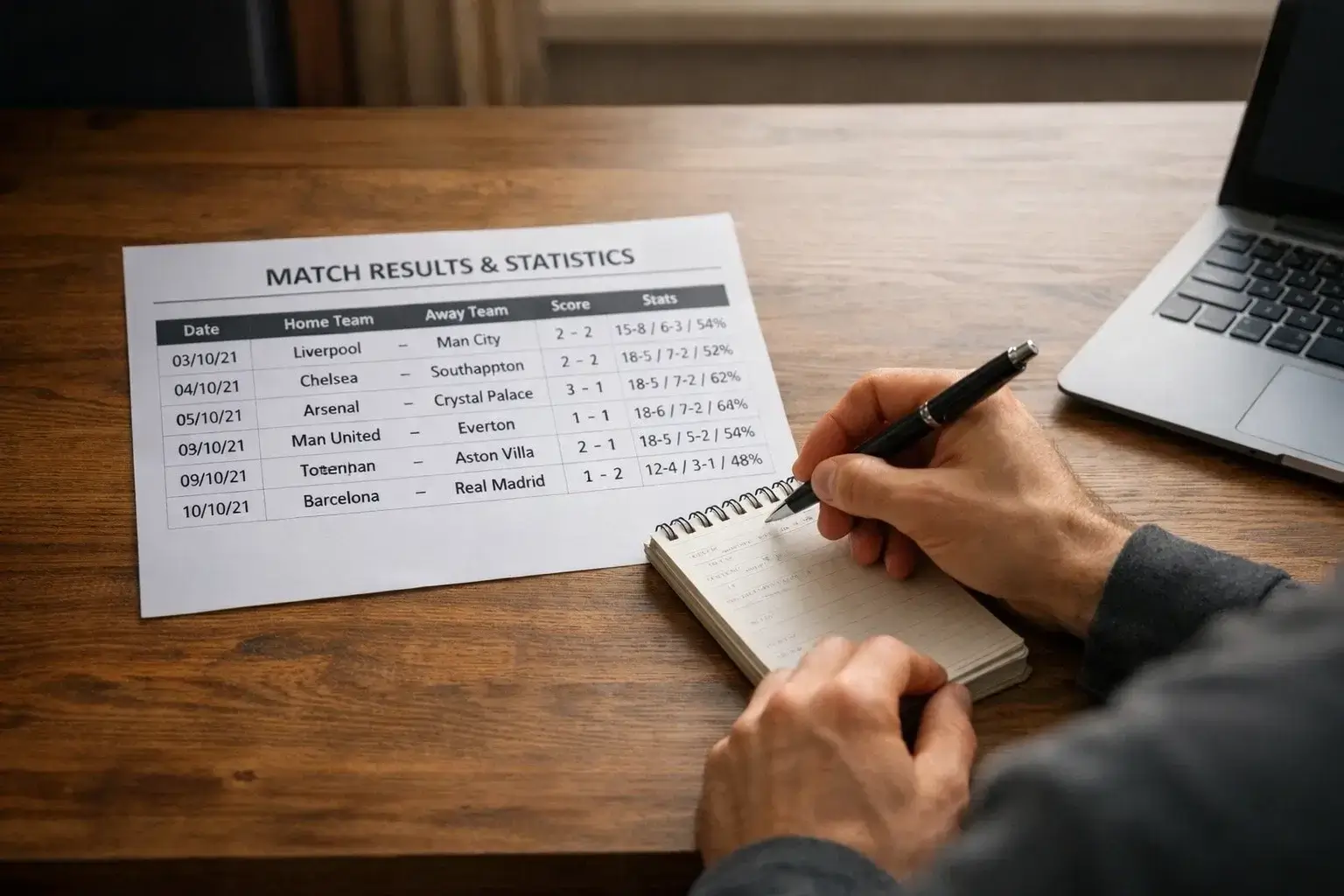 Person analyzing football match results and statistics on a notepad