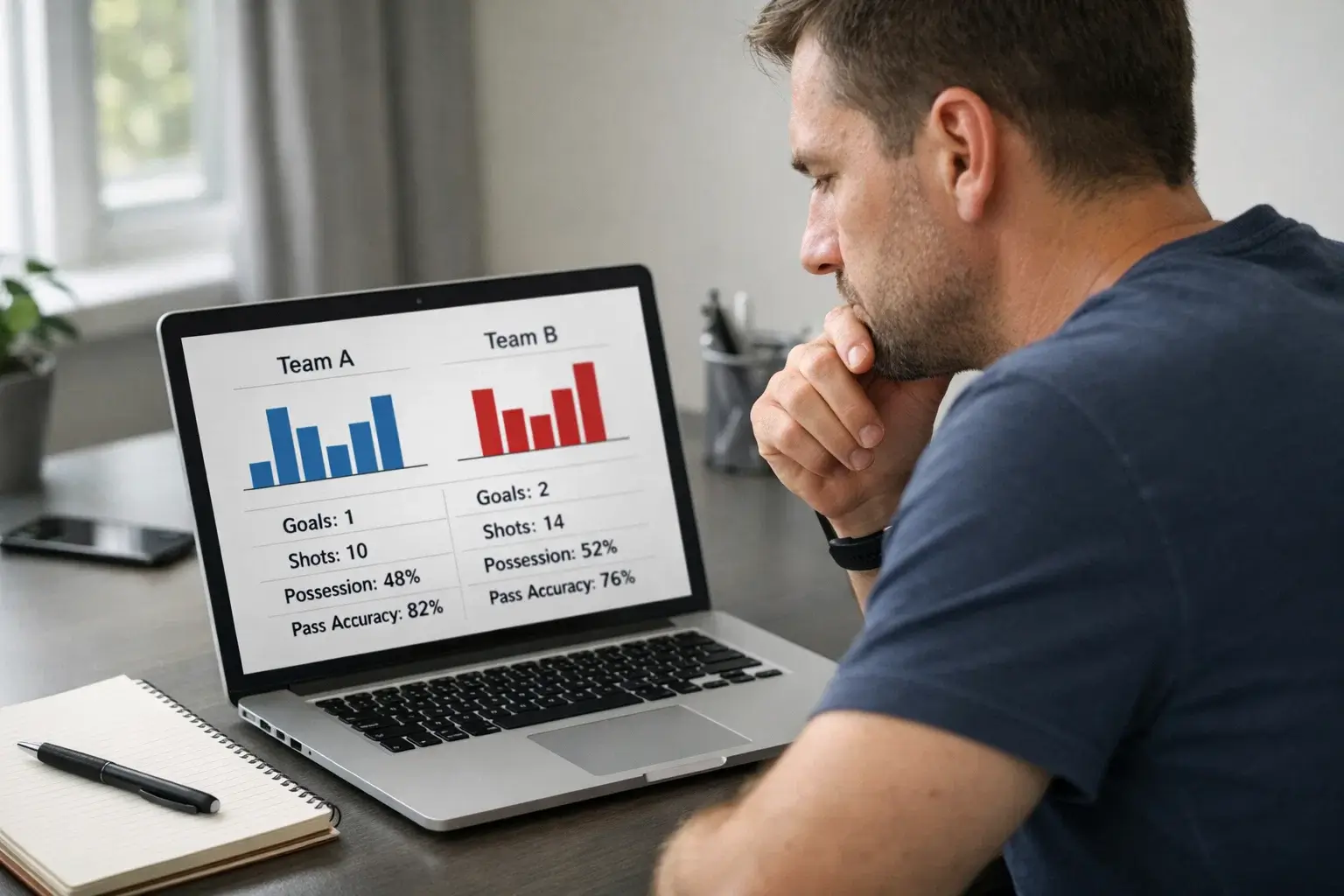 Sports analyst reviewing team performance data on laptop screen