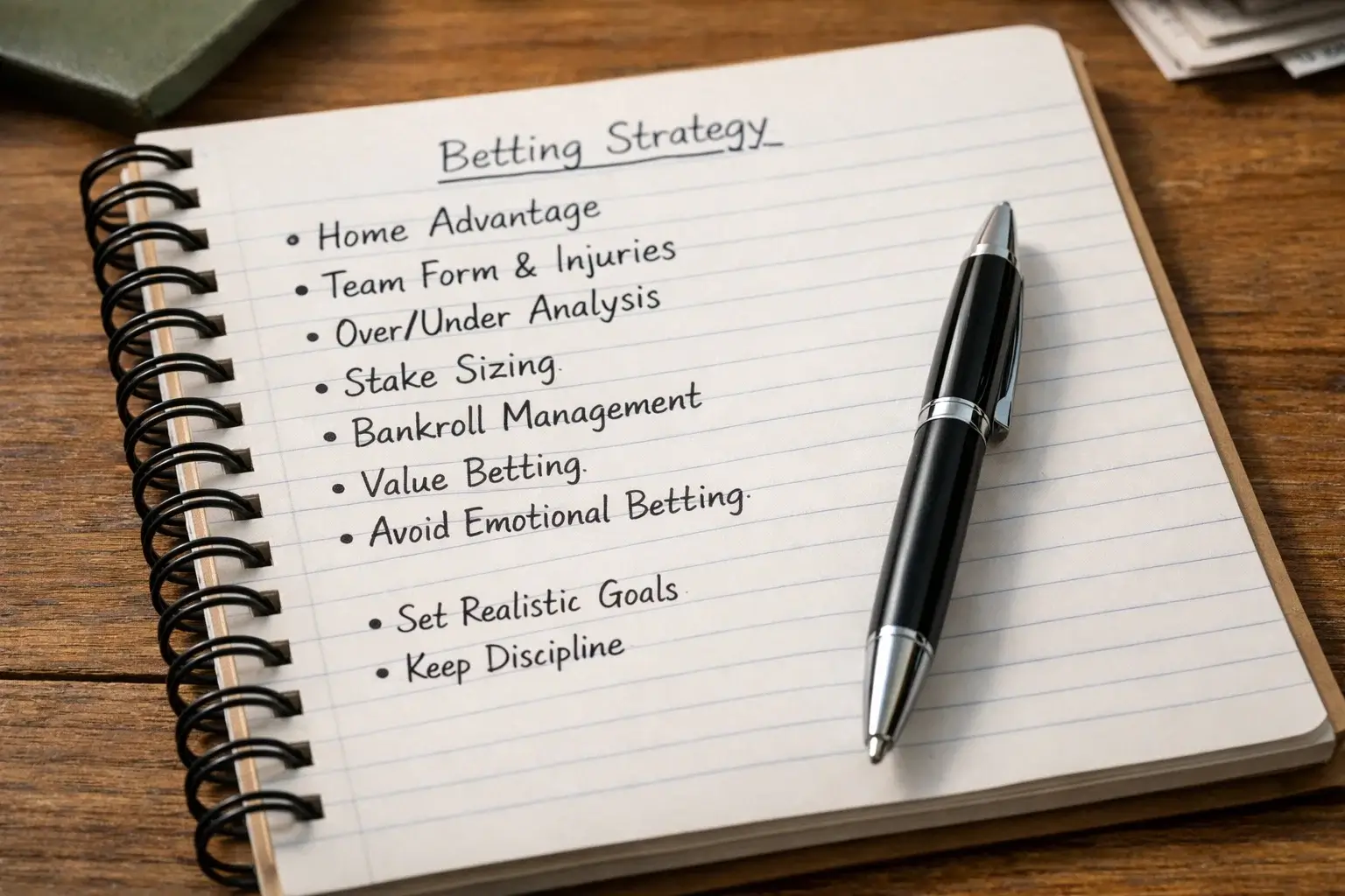 Open notebook with handwritten sports betting strategy and analysis notes